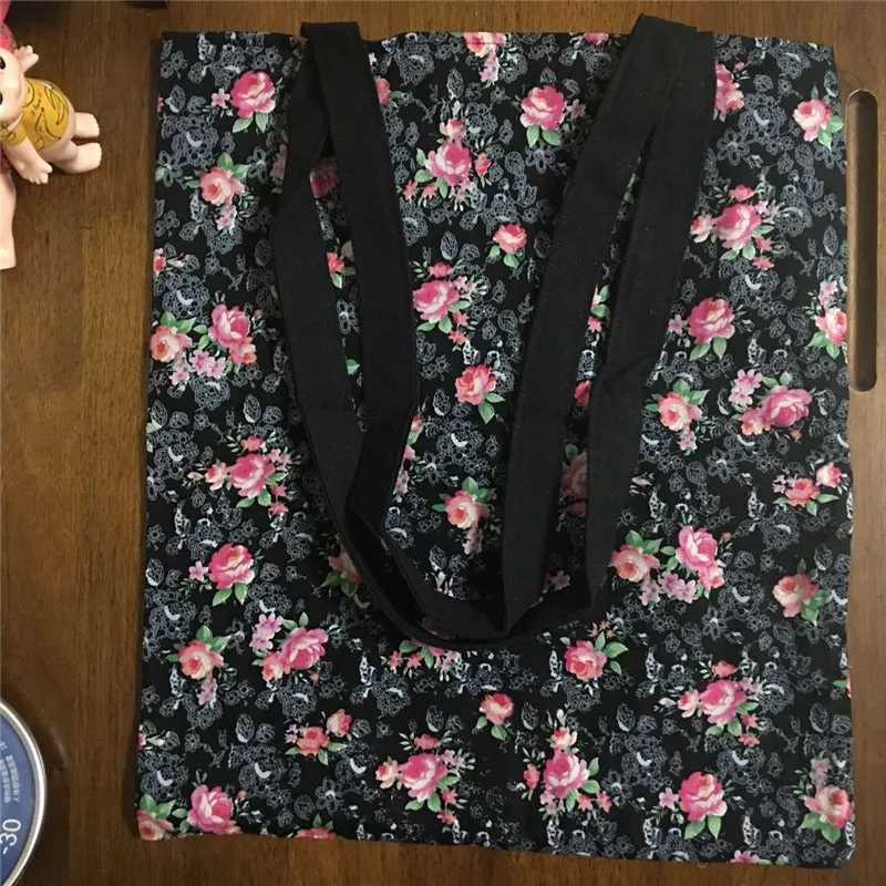 

YILE Black Lining Cotton Linen Eco Shopping Tote Shoulder Bag Mini Rural Flower 1756-4