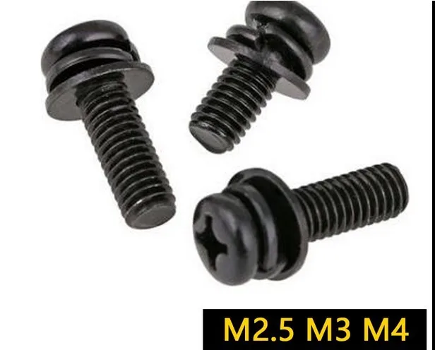 M2.5/M3/M4 крестовые встраиваемые черные винты с плоскими пружинными шайбами набор