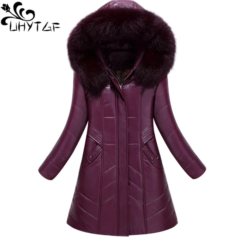 UHYTGF/L-7XL, модные зимние кожаные куртки с меховым воротником и капюшоном, Женская роскошная кожаная куртка, хлопковое тонкое теплое Женское пальто 126