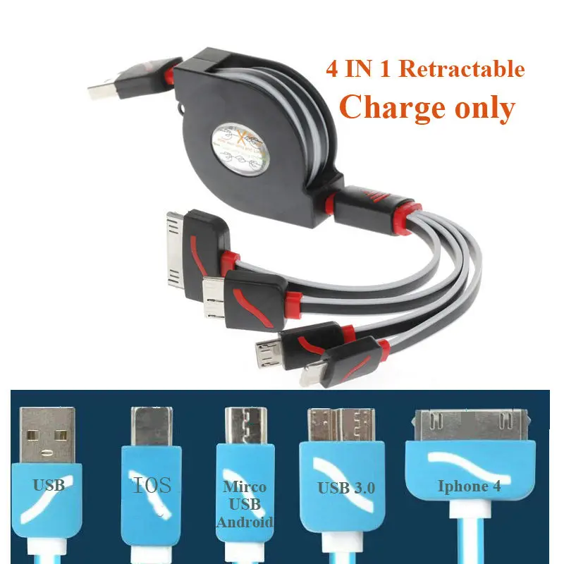 Мульти зарядное устройство кабель Выдвижной USB 3 0 8Pin Micro 4in1 зарядный для iPhone 4 4S 5s 6