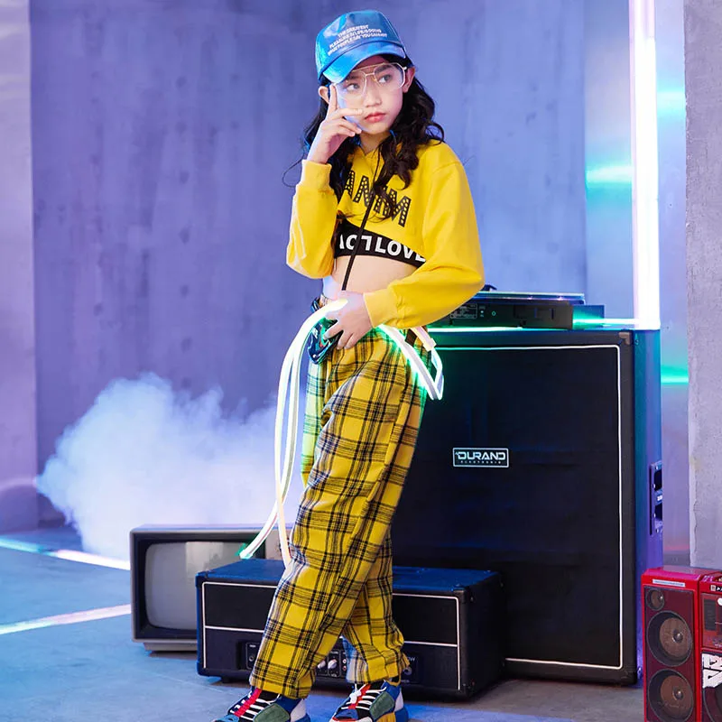 2019 детские танцевальные костюмы в стиле хип хоп желтый топ с капюшоном и длинными