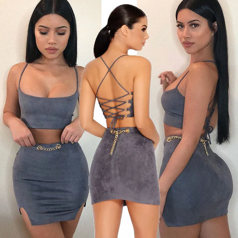 Пикантные вечерние Клубные замшевые 2 шт. женская одежда наряды Bodycon жилет бинты Растениеводство Топ и юбка-карандаш 2 шт. Для женщин комплект костюмы - Цвет: Серый