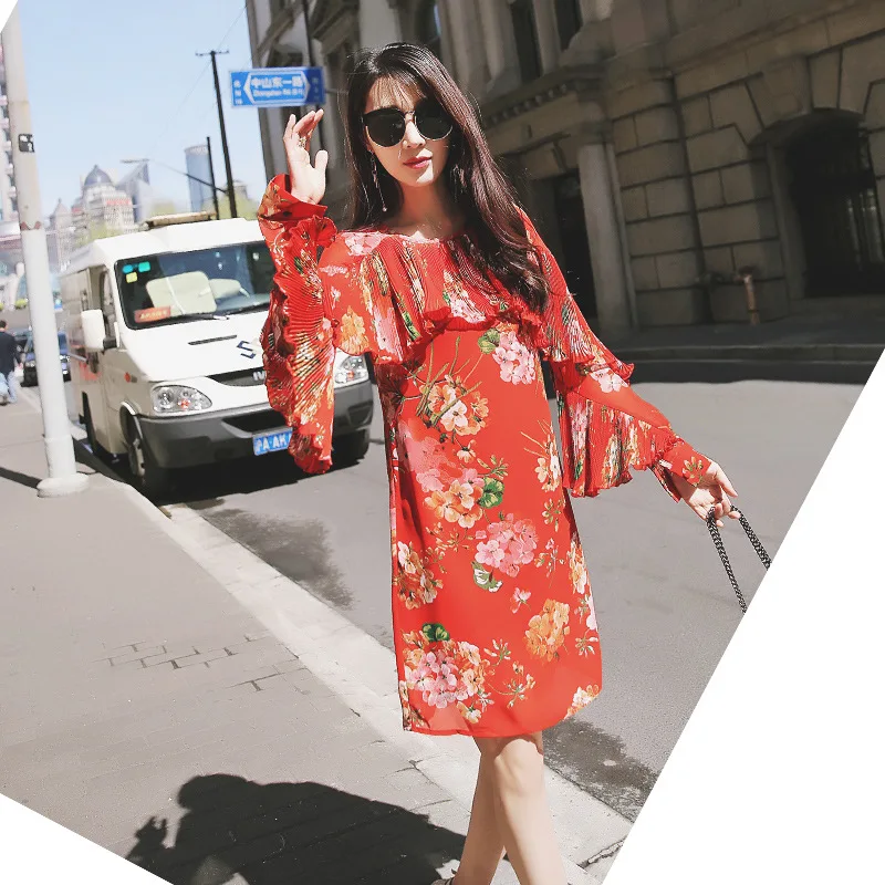 Женское шифоновое платье G home Liu Wen star с цветочным принтом длинными рукавами