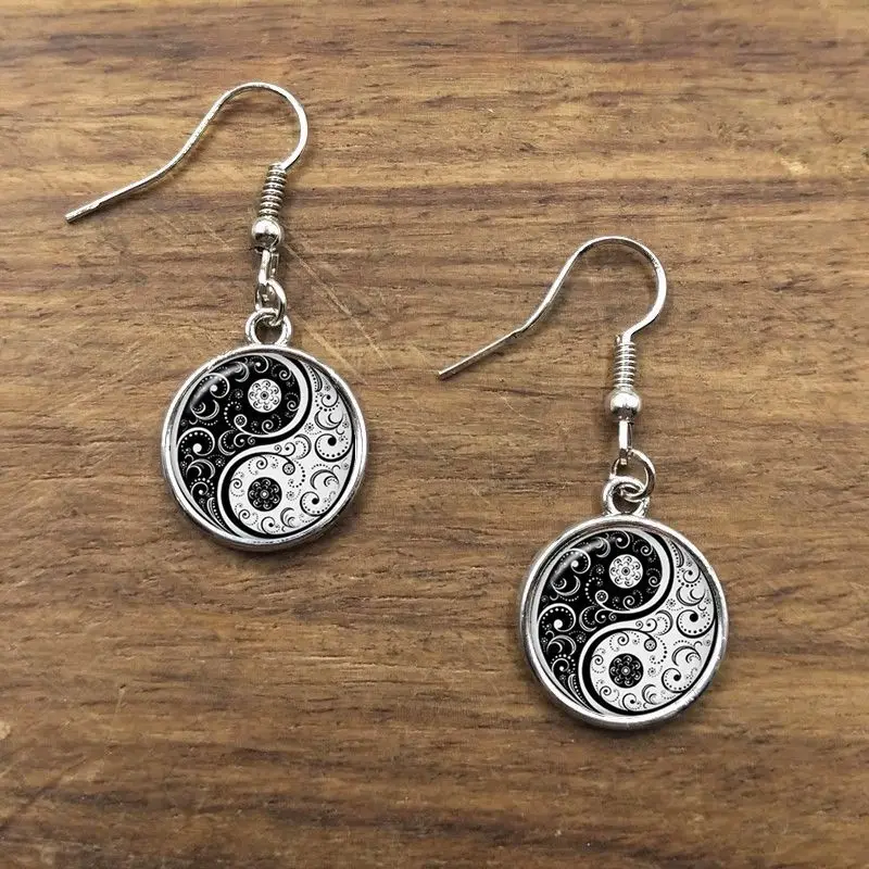 New Classic Tai Chi Yin Yang Drop Earrings Round Glass Art Black White Design Ethnic For Women Gift Jewelry | Украшения и