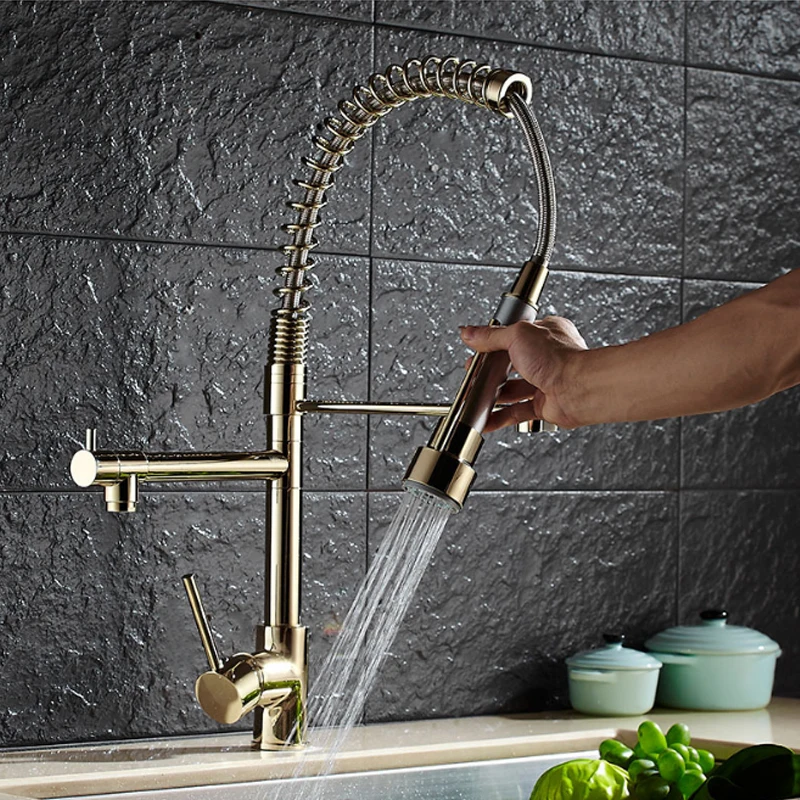 Plating Titanium Gold Pull Out Kitchen Faucet Mixer Multifunctional Water Tap 2 Outlet All Around Rotate Swivel L0156 | Строительство и