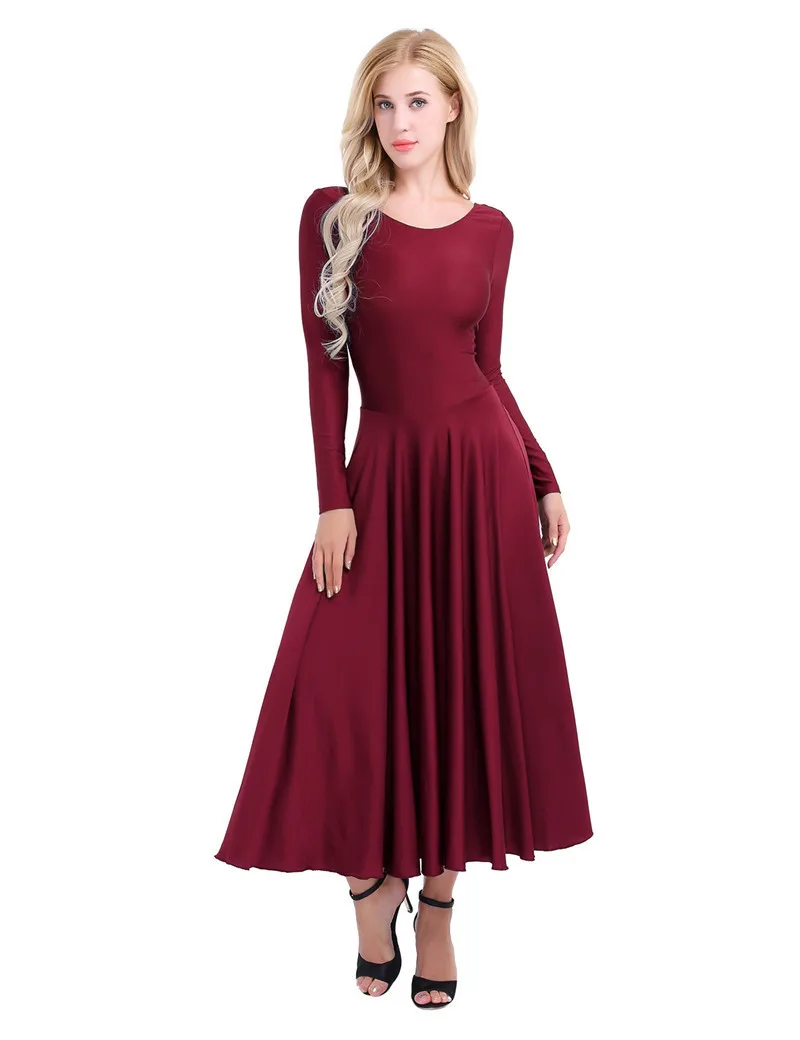 Wine Red Женские Балетные платья для взрослых, литургические танцевальные платья, балетные трико для женщин, круглый вырез, длинные рукава, свободный крой - Цвет: Wine Red