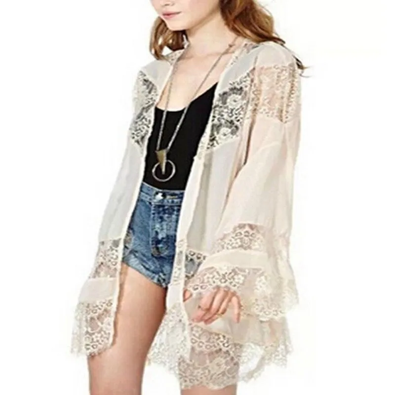 Женский кардиган в стиле бохо шифоновая Свободная блузка с кружевом бежевый