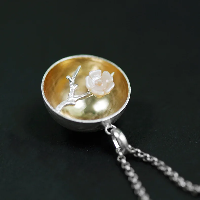 925 стерлингового серебра розовый оболочки цветок кулон колье Винтаж Jewelry