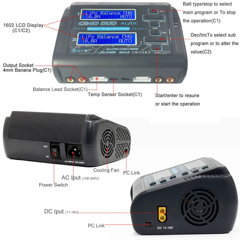 HTRC C240 DUO AC 150 Вт DC 240 10Ax2 двухканальный Радиоуправляемый аккумулятор зарядное