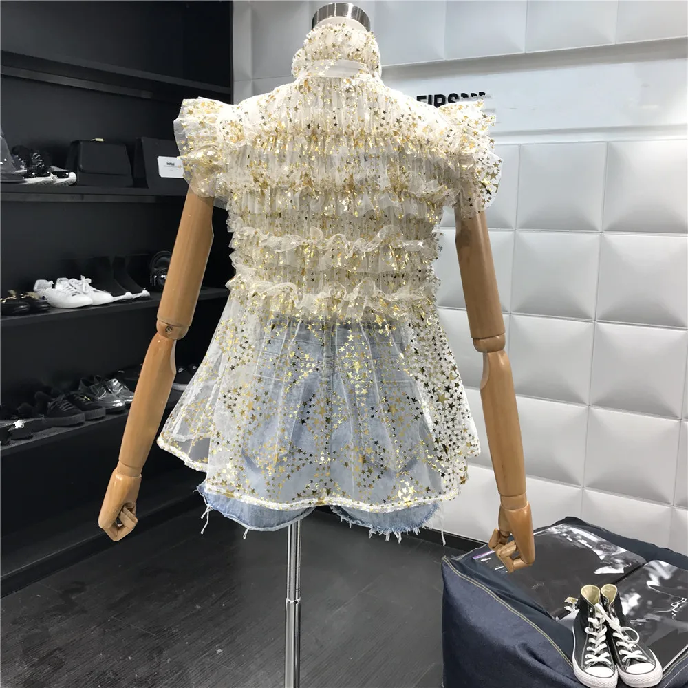 WHITNEY WANG 2018 Summer Fashion Streetwear Stars Sequins Mesh Blouse Women blusas Shirt Tops |