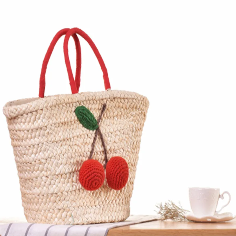 ESHINEDER тканые соломы HandbagsRed вишня шар помпон пляжные сумки для женщин на плечо