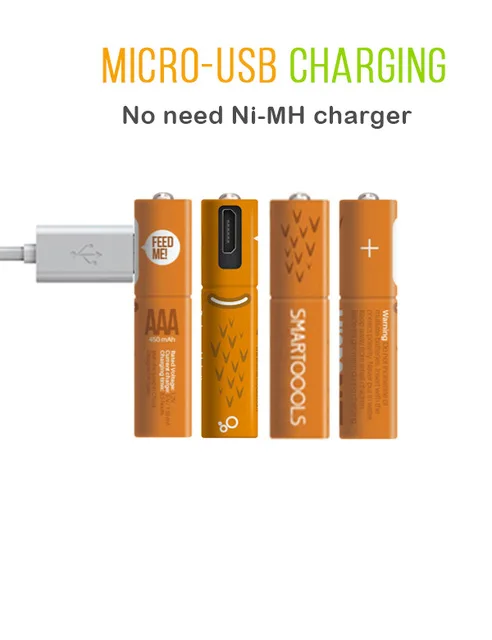 SMARTOOOLS 4Pcs/pack 1.2V 450mAh Real Capacity USB Charged Battery AAA Rechargeable NI-MH Batteries | Электроника