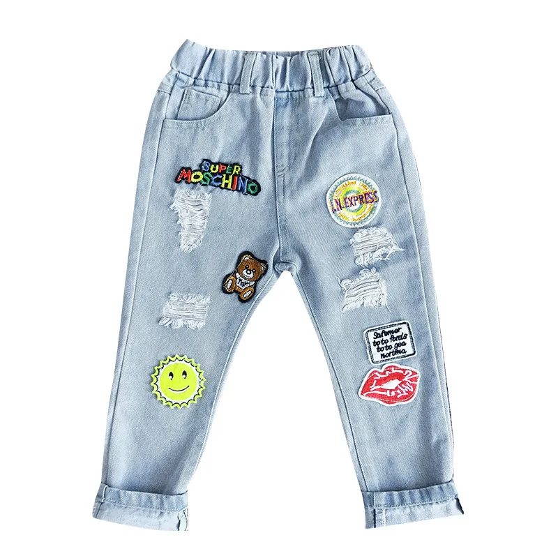 

2019 new fashion Children's clothing spring and autumn boys jeans cartoon girls holes pants boy denim long trousers