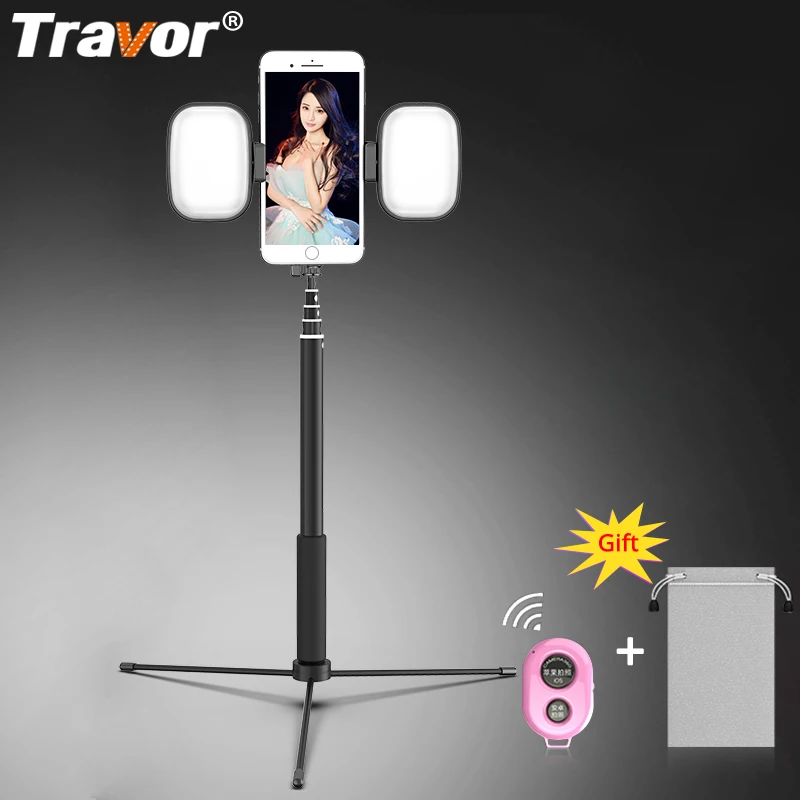 TRAVOR 1,7 м Bluetooth селфи палка штатив съемный с двойной заполняющий светильник для мобильного телефона фото Vibrato live видео на YouTube