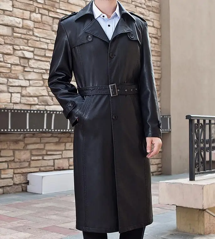 

M-4XL HOT / Spring Men's New Fashion Large size lapel single row of PU lengthened coat repair