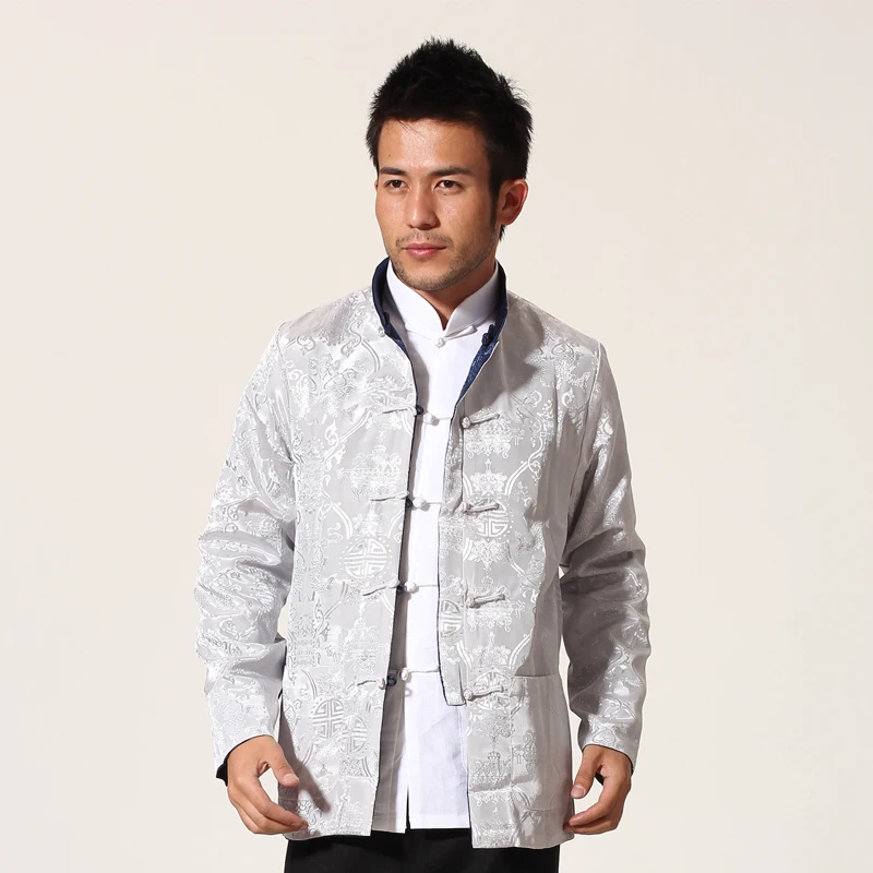 Синий Серебряный Китайский Мужской атласный пиджак Двустороннее пальто кунг фу