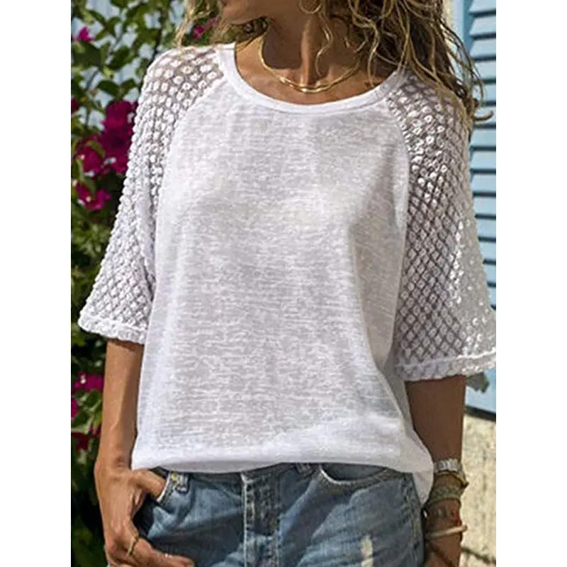 Летняя женская футболка Boho белая с сеточкой большого размера | Женская одежда