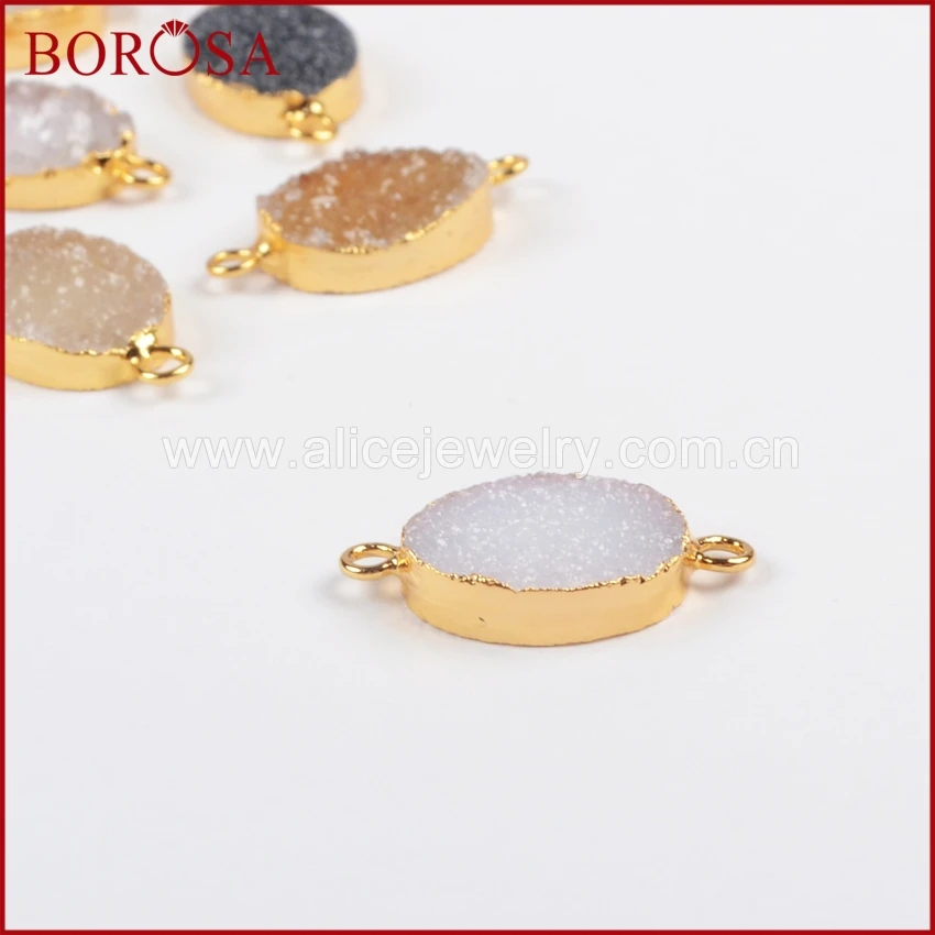 

BOROSA 10PCS Gold Electroplated Oval Agates Druzy Geode Connectors Natural Color Drusy Double Charms Jewelry Finding G0816