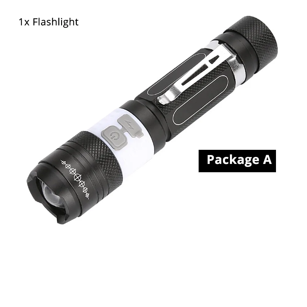 Package A Светодиодный фонарик с зарядкой от USB, супер яркий, водонепроницаемый, Sidelight, 6 режимов, многофункциональный фонарь, поддержка зума, аккумулятор 18650 - Испускаемый цвет: Package A