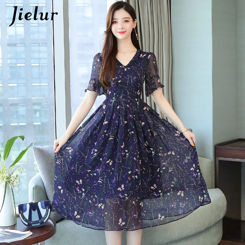 Picture color Jielur цветочное шифоновое летнее платье с v-образным вырезом, платье для хипстера, женское платье с коротким рукавом, новое тонкое женское платье S-XXL - Цвет: Picture color