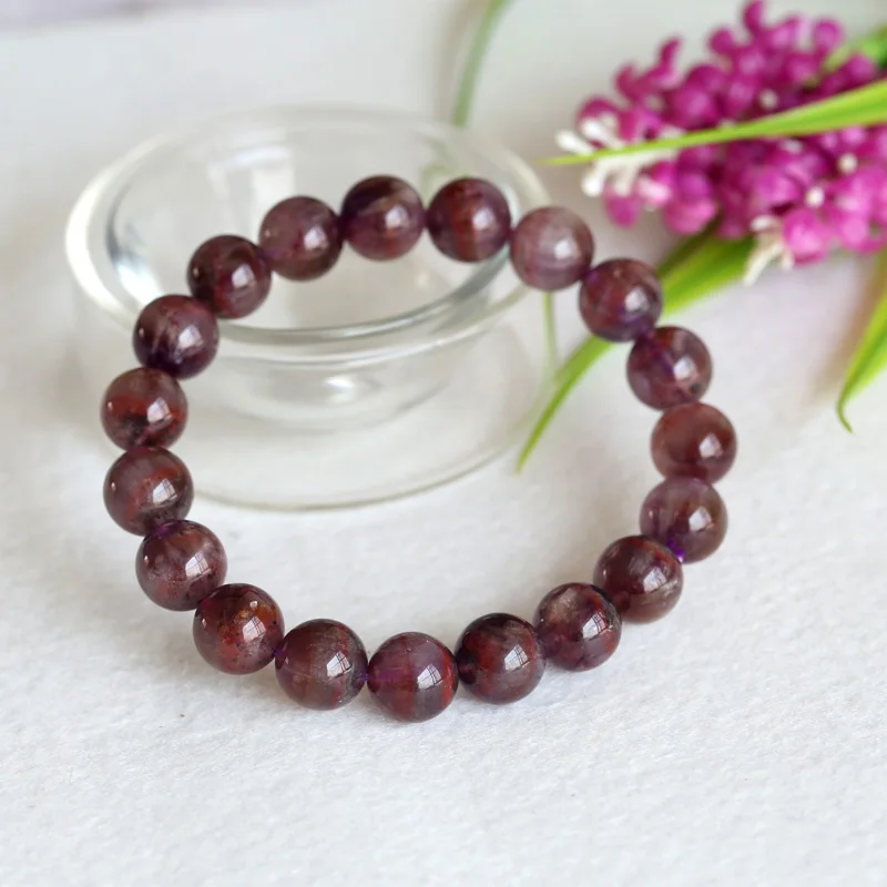 

Natural Genuine Purple Red Crystal Auralite Super-23 Finish Stretch Men Bracelet Round Beads 10mm