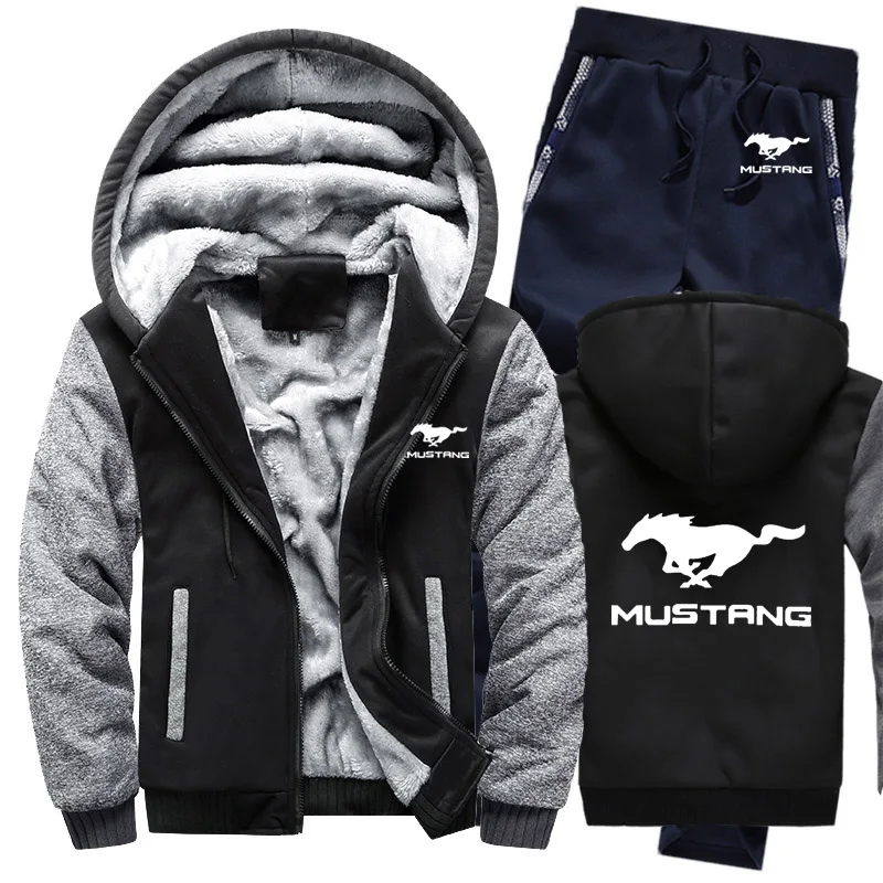 

Hoodies Men Mustang Car Logo Mens Hoodies Suit Winter Thicken Warm Fleece cotton Zipper Tracksuit Mens Jacket+Pants 2Pcs Sets