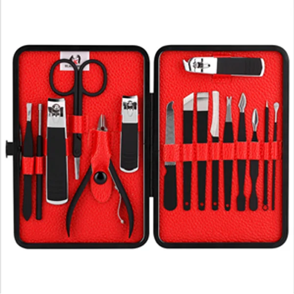 16pcs Профессиональный набор для стрижки ногтей из нержавеющей стали, ножницы для ухода за ногтями, набор для маникюра и педикюра, черный чехол - Цвет: 16pcs