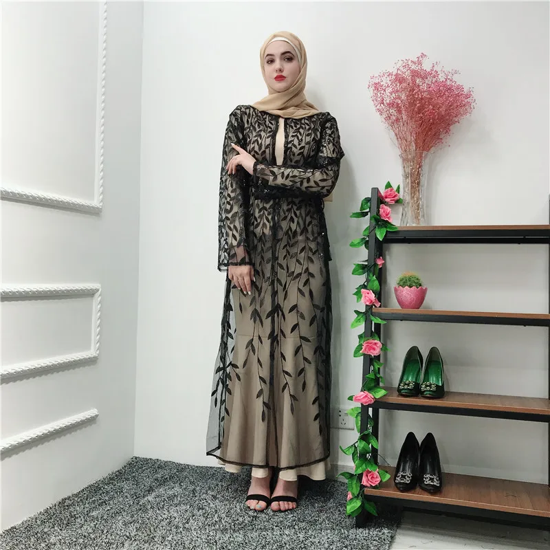 Женское платье кардиган с кружевной сеткой Abaya длинное туника вышивкой кимоно