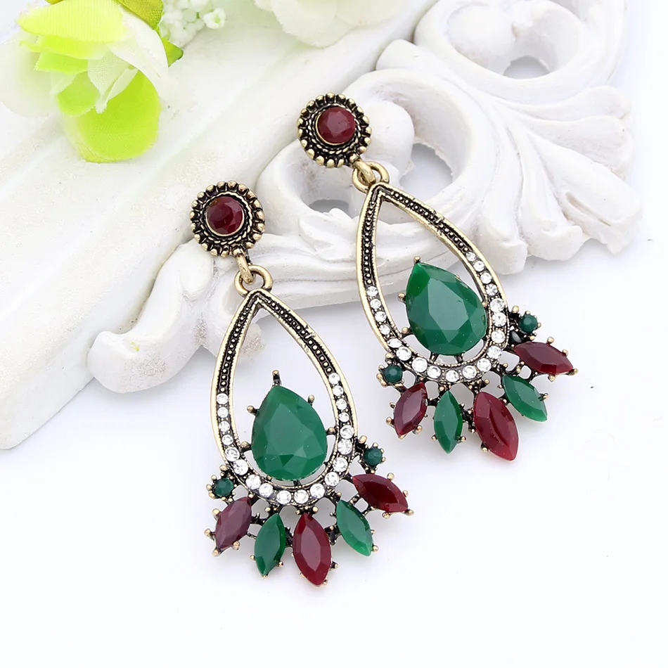 Classic Bohemia Women Green Resin Flower Long Red Dangle Earrings Antique Gold Color Arabesque Ethnic Drop Glass Earring Bijoux | Украшения