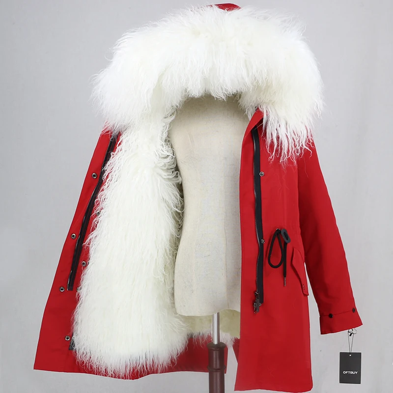 red white OFTBUY,, настоящая монгольская овечья шерсть, пальто, женская длинная парка, зимняя куртка, съемная, водонепроницаемая, верхняя одежда, роскошный бренд, уличная одежда - Цвет: red white