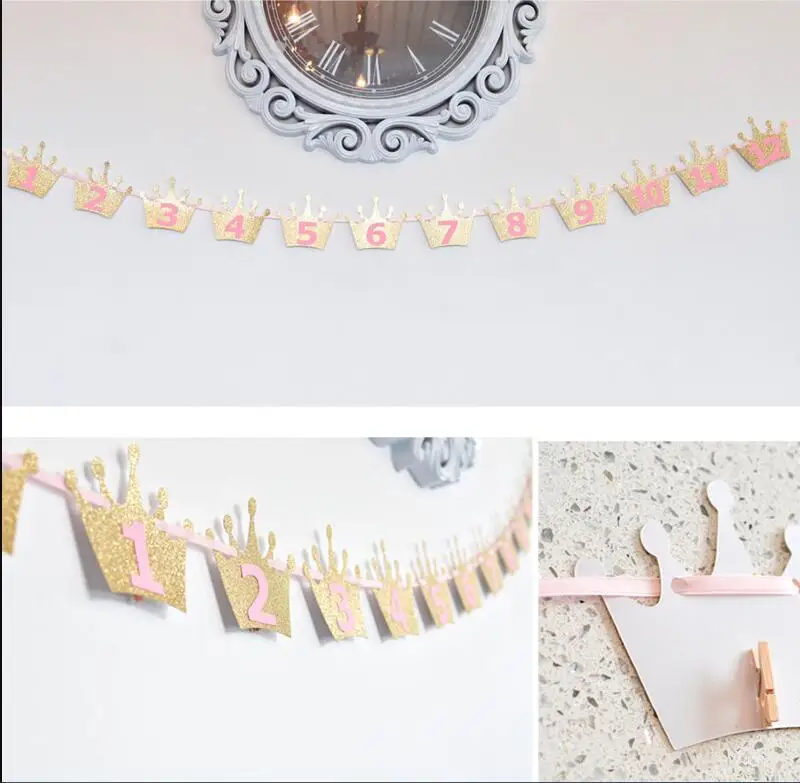 Первый баннеры для дня рождения 12 месяцев Корона Звезда фото Bunting Baby Shower бумага Гарланд для мальчиков и девочек 1st декор для вечеринки в честь Дня Рождения фото стены