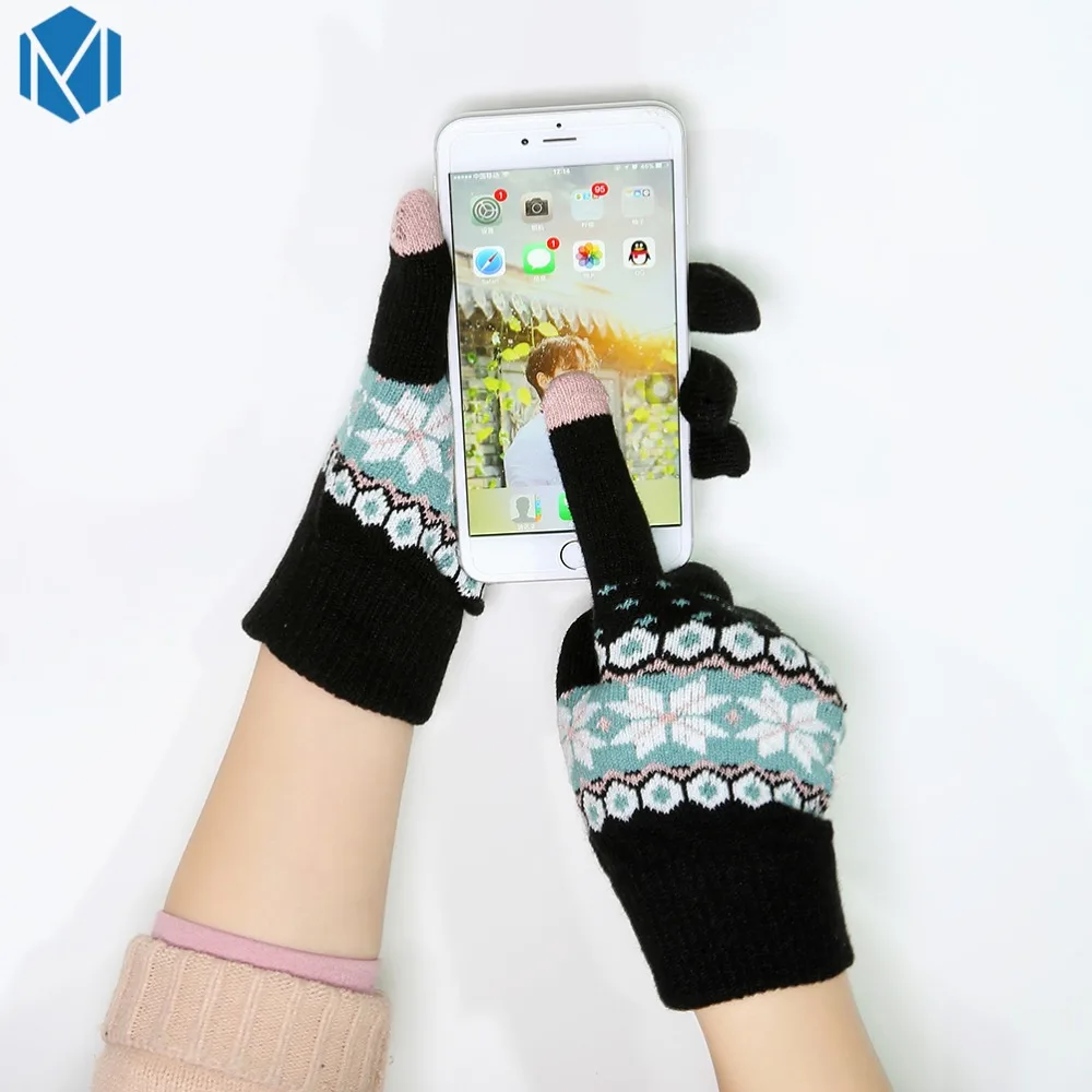 Women Warm Gloves Female Thick Knitted Snowflake Full Finger Winter Christmas Mittens Screen Sense Mitaine Femme Luvas | Аксессуары для