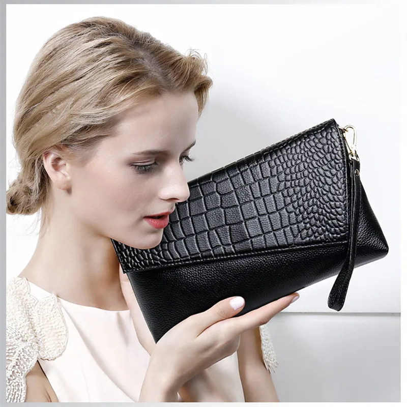 Genuine Leather Clutch Female Large Handbag Messenger Bag Fashion Lady Soft Crocodile Pattern Crossbody Black Commuting SY144 | Багаж и