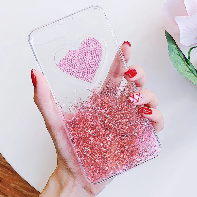 Чехол с жидким сердцем и блестками для samsung Galaxy S10 S9 J4 J6 plus A50 A20 A10 A7 A9 Мягкий ТПУ чехол с динамическими бусинами