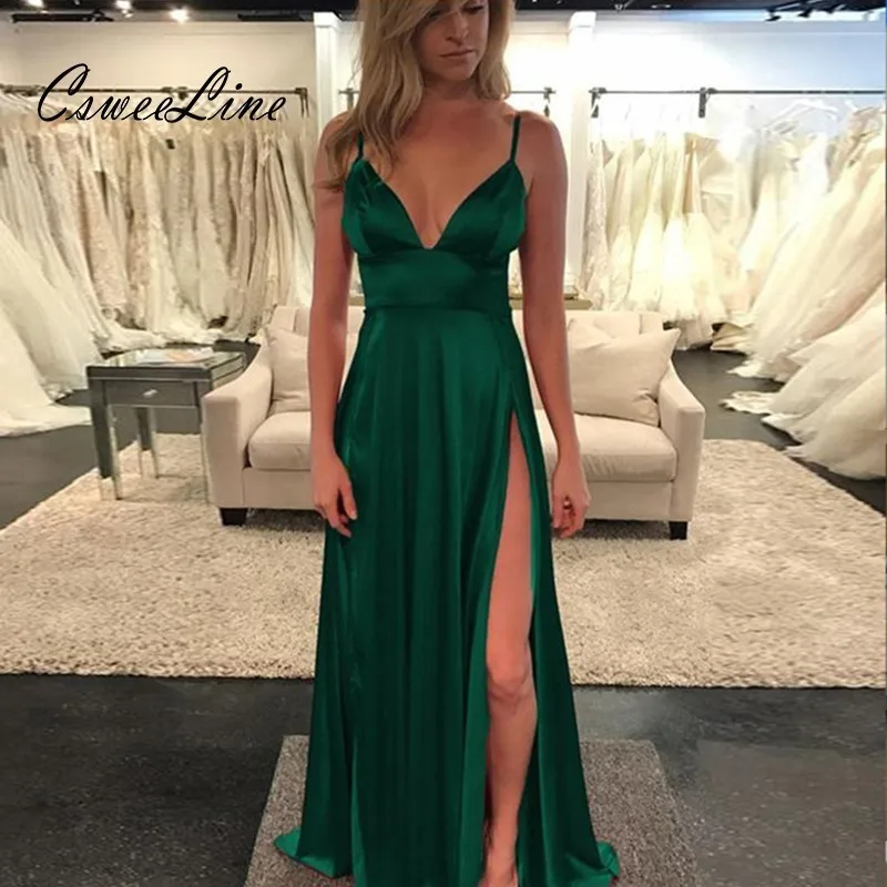 

Classic V-neck Sexy Slit Satin Dress Spaghetti Strap Long Silk Ladies Evening Party Dresses Split High Waist Elegant Club Dress