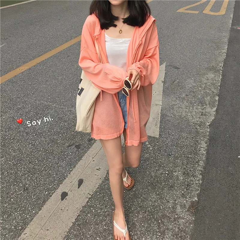 Sun protection womens clothin tide 2019 summer perspective vintage Korean loose hooded Sweaters cardigan hipster coat ladies top |