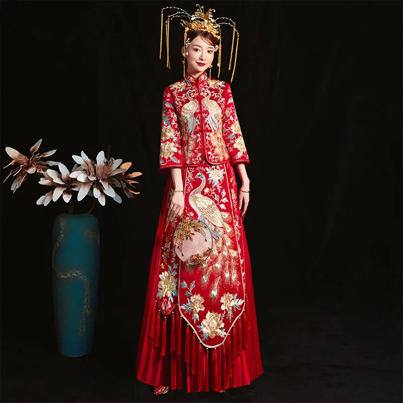 Китайское женское свадебное платье Ципао с вышивкой длинное вечернее la robe de mariee