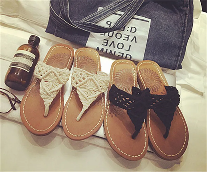 2017 Богема Ручной Соткан Тапочки Клип Ног Цветок Украшенные Плоские Туфли Женщины