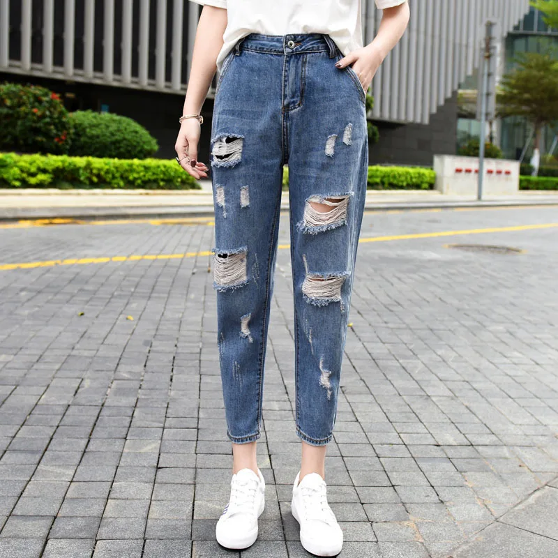 Schinteon плюс размер джинсовые рваные штаны уличная Длина по щиколотку свободные бойфренды шаровары женские джинсы - Color: Blue
