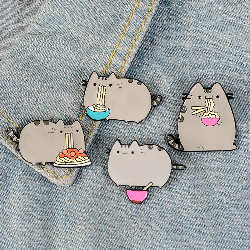 

Cartoon Cute Hungry Noodles Cat Animal Kitty Enamel Pin Button Metal Badge Backpack Shirt Jackets Callor Lapel Pins Jewelry Gift