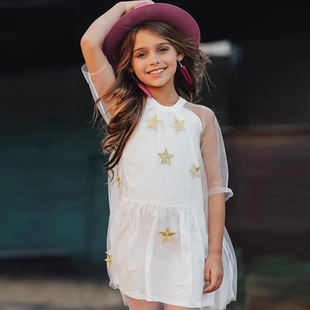 Toddler Kids Baby Girls Regular Short Sleeve Princess Sequined Stars Print Party Tulle Dress Clothes Birthday Dresses 2019 | Детская