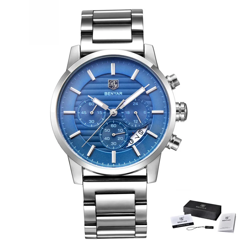 steel blue B Бренд класса люкс Benyar мужские часы полностью стальные спортивные наручные часы мужские армейские военные часы Мужские кварцевые часы Relogio Masculino - Цвет: steel blue B