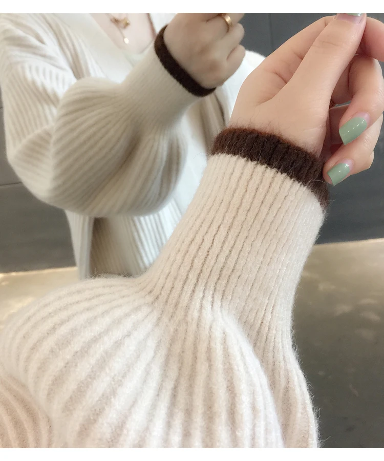 Preppy Style Loose Elastic Slim Patchwork Colors Sweater Cardigan Women Lantern Sleeve Knitted Single-breasted Outwear |
