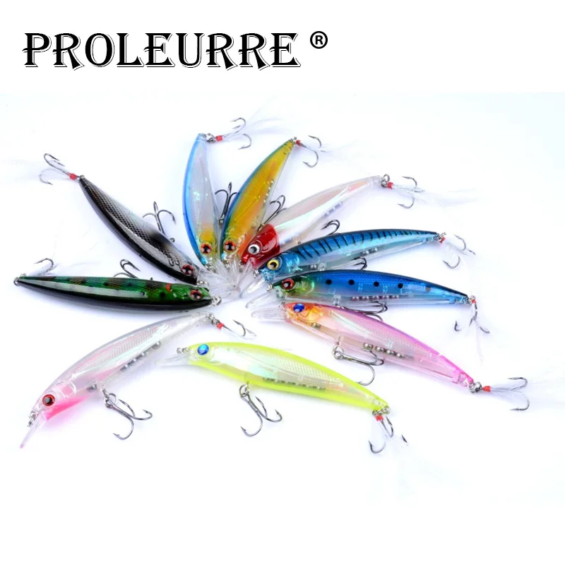 1Pcs Laser Minnow Hard Fishing Lures 90mm 7g Floating Wobbler Crankbait Artificial Plastic Baits With Feather Hooks Isca Pesca