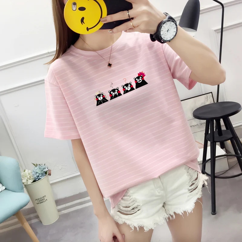 Новые летние топы женские футболки Kawaii Kumamon с мультяшным принтом в полоску