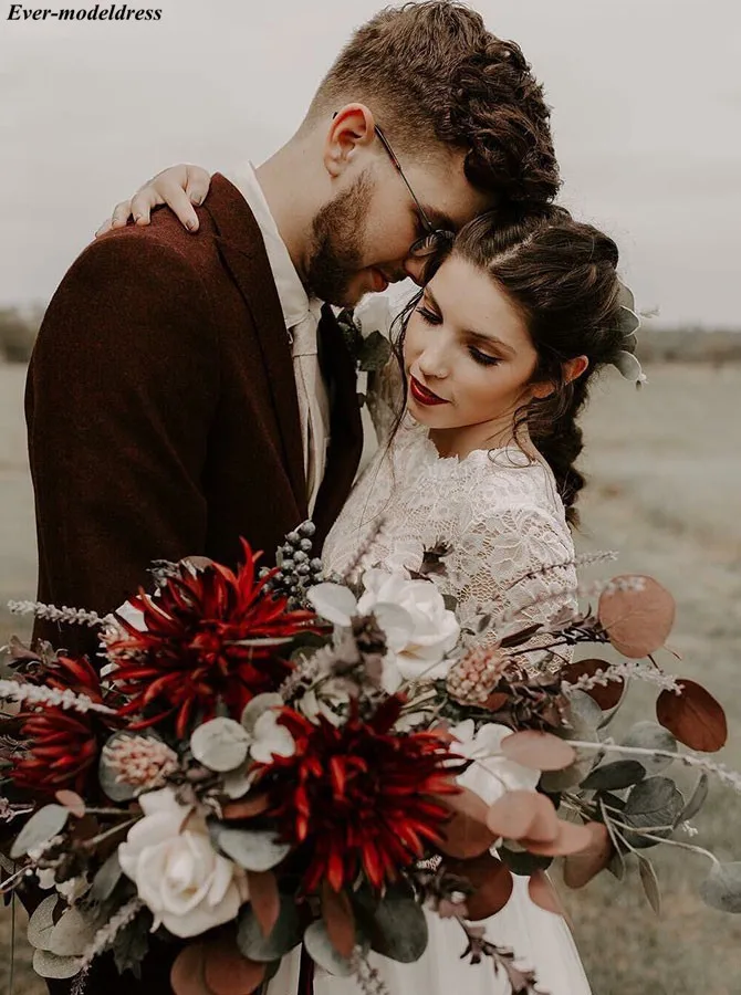 Кружевное свадебное платье с длинными рукавами Boho, с открытой спиной, а-силуэт, с коротким шлейфом, тюль, свадебное платье элегантное, большие размеры, Vestido De Noiva
