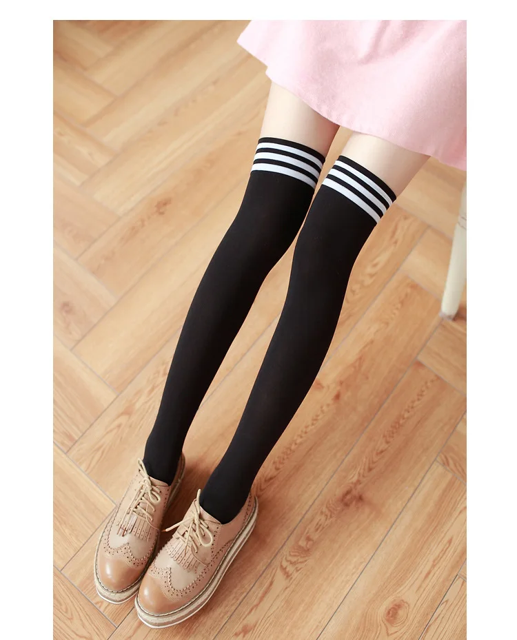 Stripes Black Новинка, бархатные Нейлоновые женские чулки выше колена, одноцветные, в полоску, черные, белые чулки, колготки, модная нижняя часть - Цвет: Stripes Black