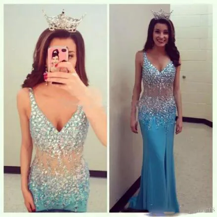 Небесно Голубое Сверкающее платье для выпускного вечера с v образным вырезом топ