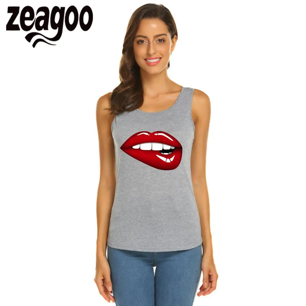 zeagoo Slim Casual Solid O-Neck Sleeveless Women Fit Soft T-Shirt Biting Lip | Женская одежда