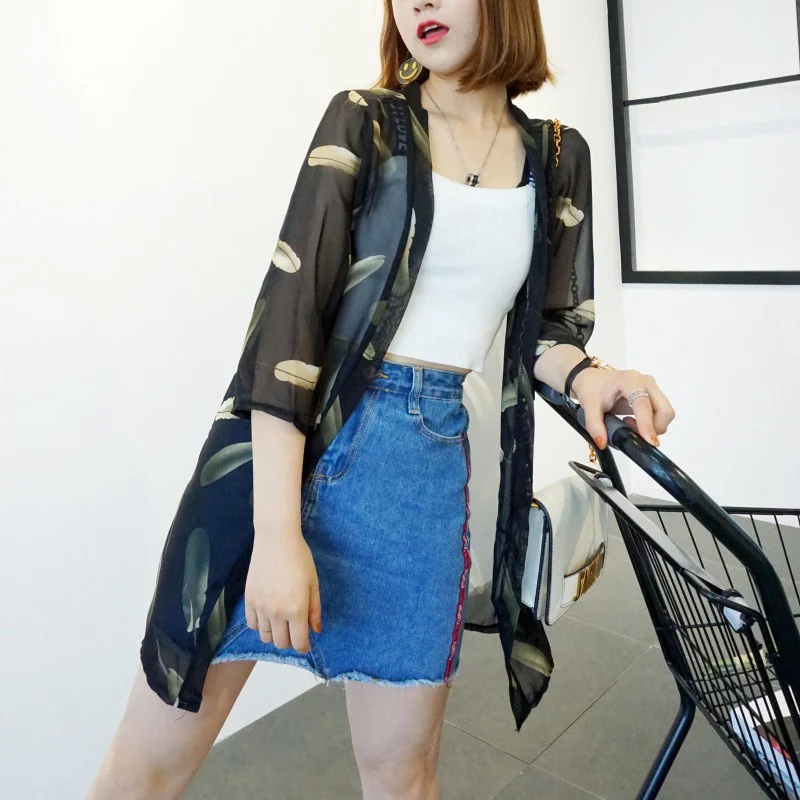 Модная женская рубашка с длинным рукавом Blusas куртка длинная свободная повседневная Sunblock укороченный шифоновый кардиган с принтом кимоно
